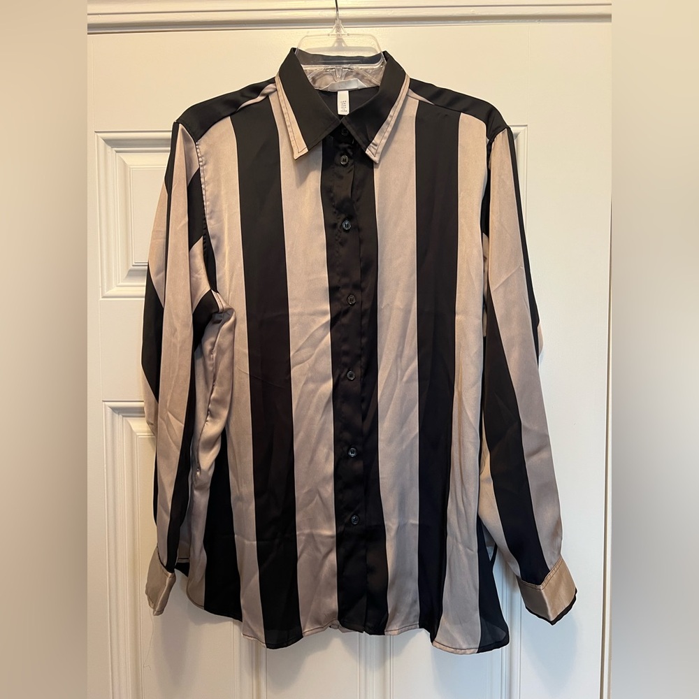 H&M - Striped Satin Blouse in Black and Champagne -NWT